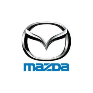 A mazda logo is shown on the side of a car.