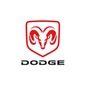 A red and white dodge logo on top of a black background.