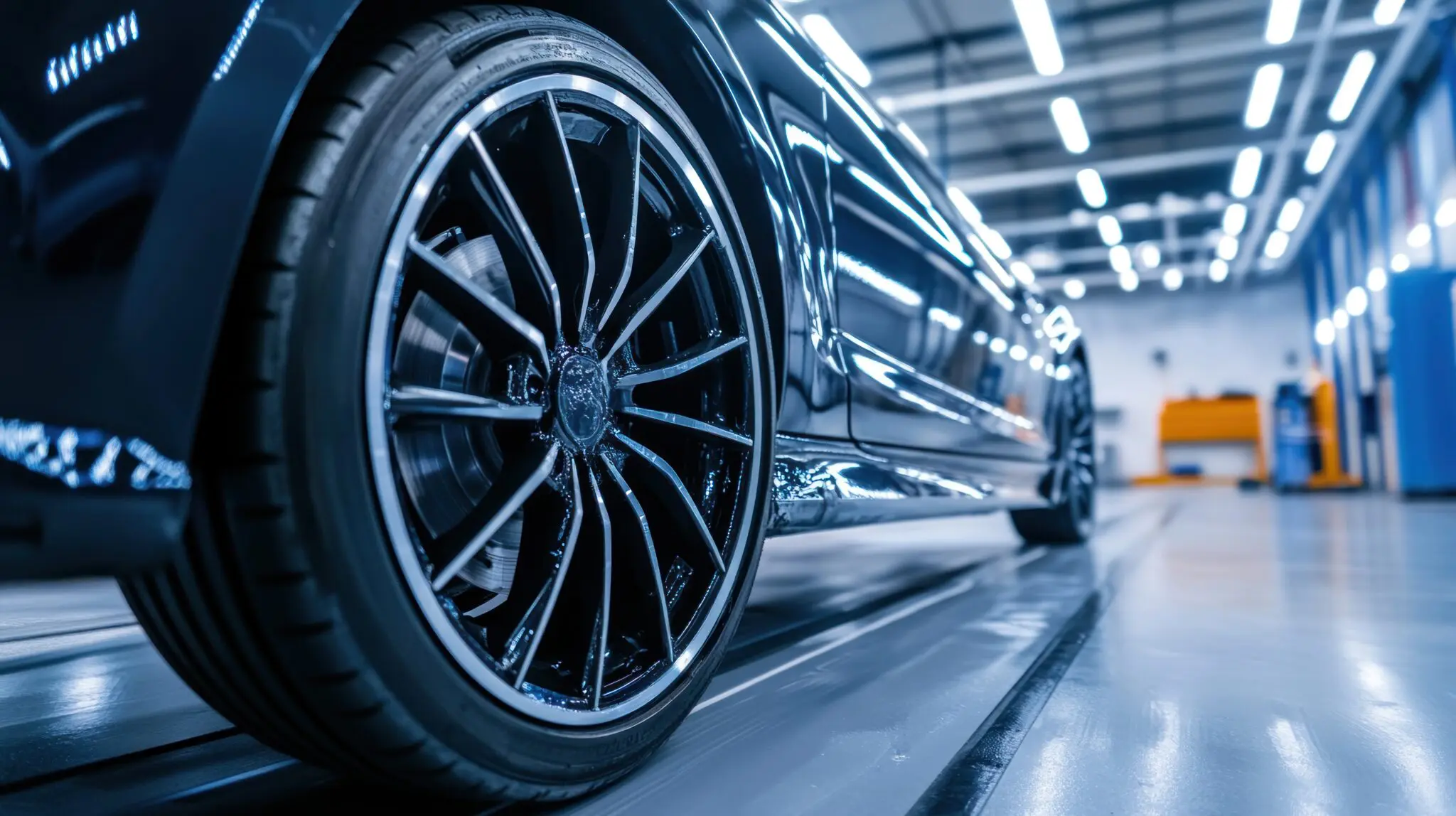 A close up of the wheel on a car