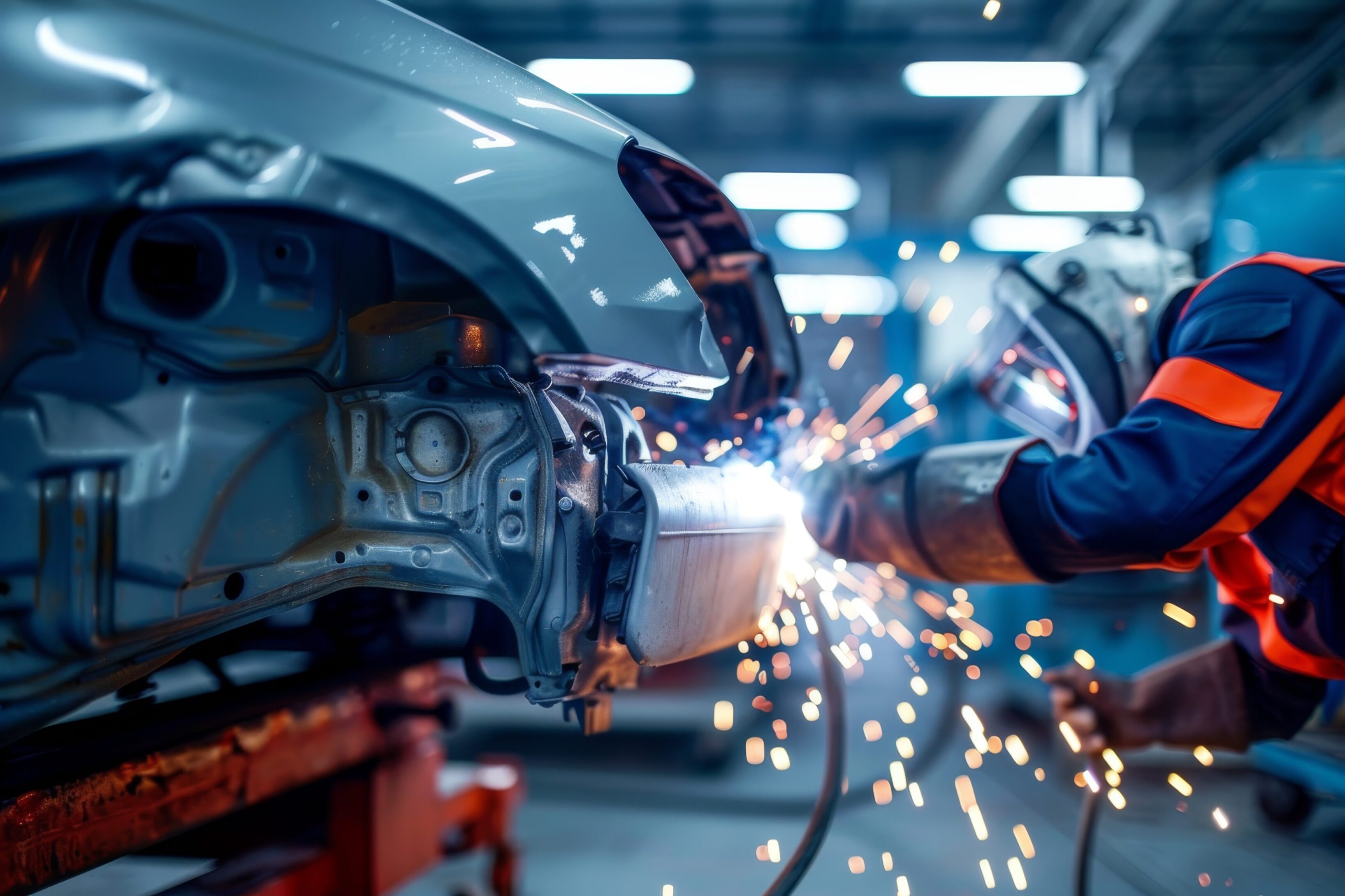 A person welding in an industrial setting.