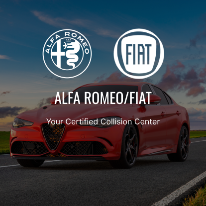 A red car driving down the road with alfa romeo and fiat logos.