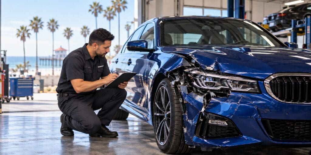 Collision repair technician inspecting a damaged vehicle at an auto body shop near Manhattan Beach