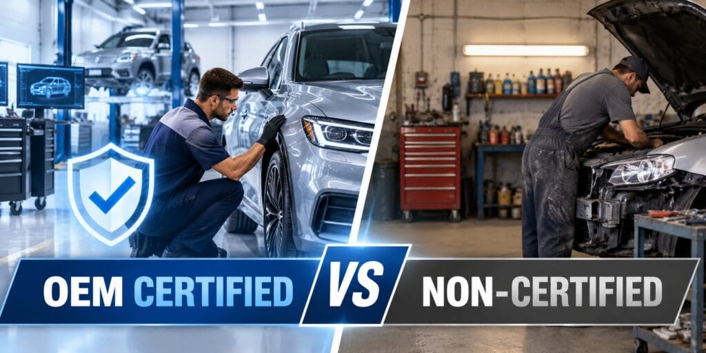 OEM-certified vs. non-certified auto body shop comparison showing modern collision repair equipment and technicians.
