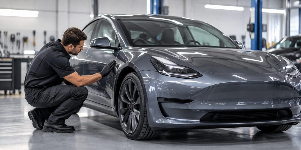 Technician inspecting a Tesla during auto body repair at a collision repair shop.